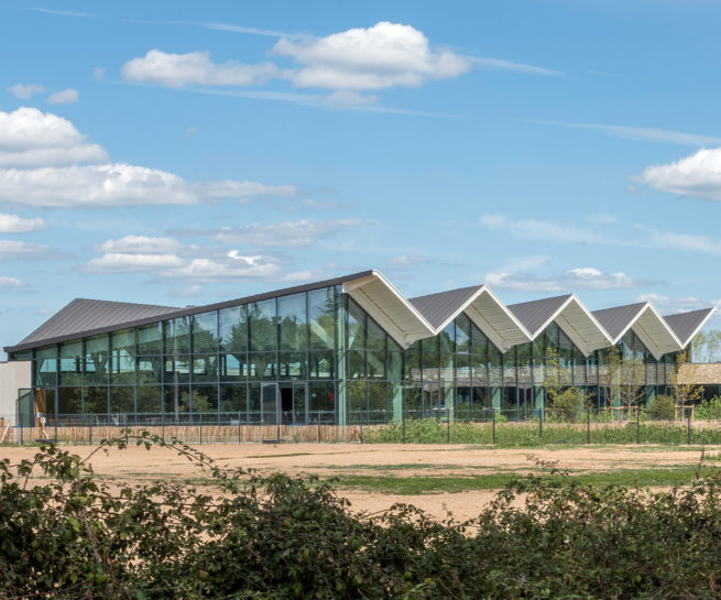 Toiture shed avec inversion des pentes - L’AQUALUD – CENTRE AQUATIQUE – BERGERAC (24)