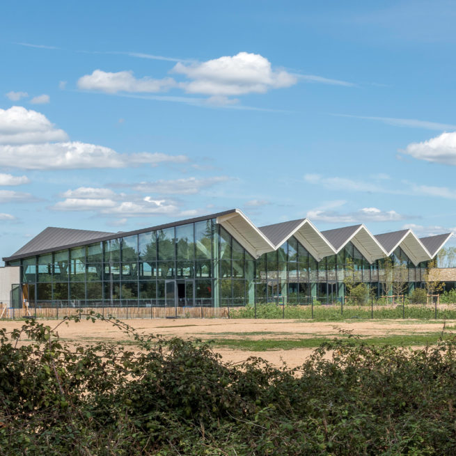 Toiture shed avec inversion des pentes - L’AQUALUD – CENTRE AQUATIQUE – BERGERAC (24)